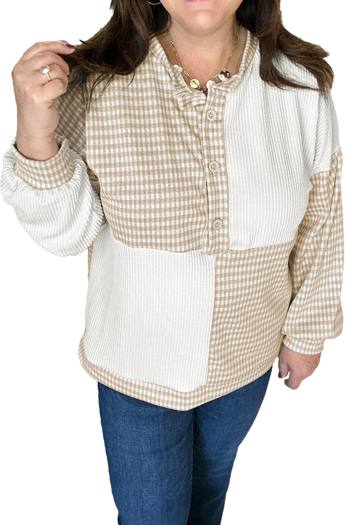 Khaki Patchwork Checkered Plus Size Blouse