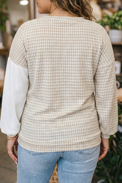 Khaki Patchwork Checkered Plus Size Blouse
