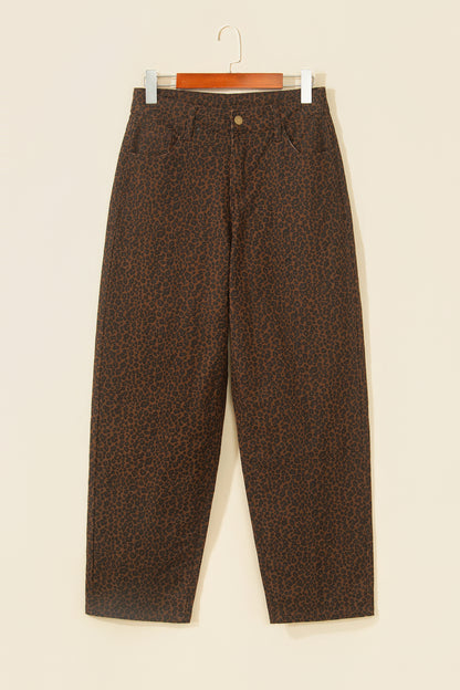 Brown Casual Leopard Print Full-Length Regular Fit Jeans