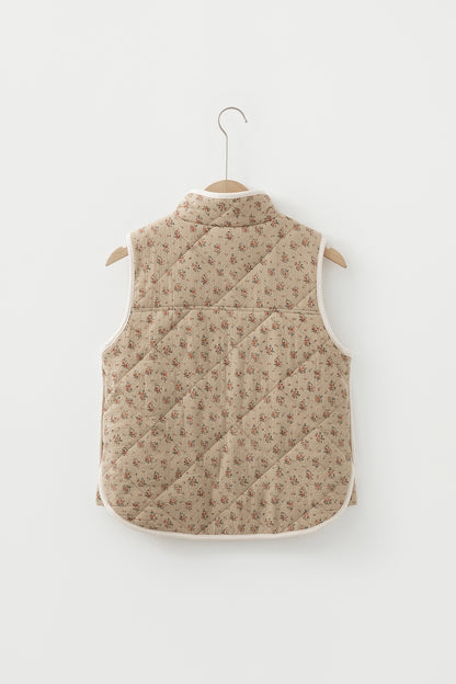 Khaki Floral Print Quilted Concealed Button Vest