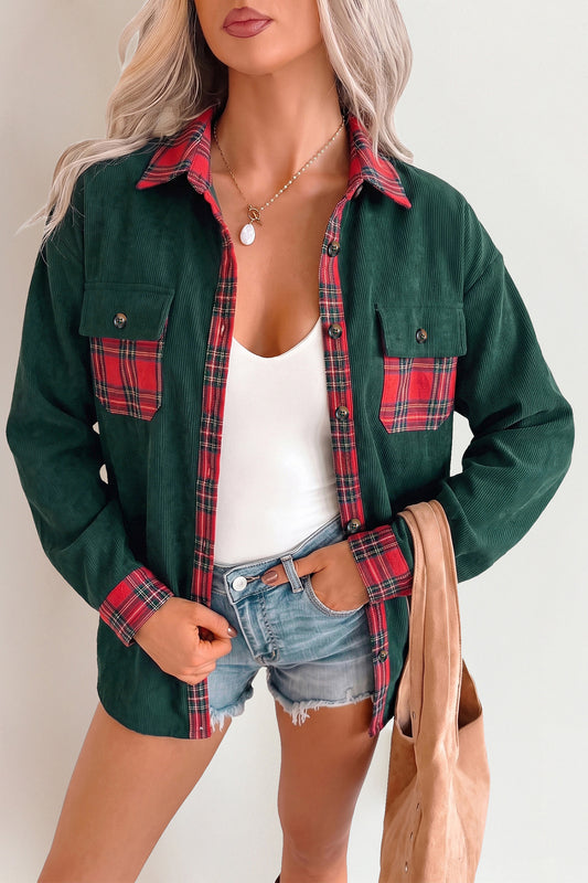 Green Plaid Pocket Button Long Sleeve Shift Shacket