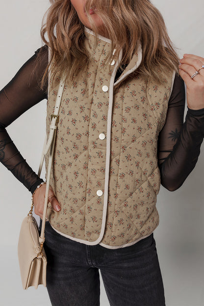 Khaki Floral Print Quilted Concealed Button Vest