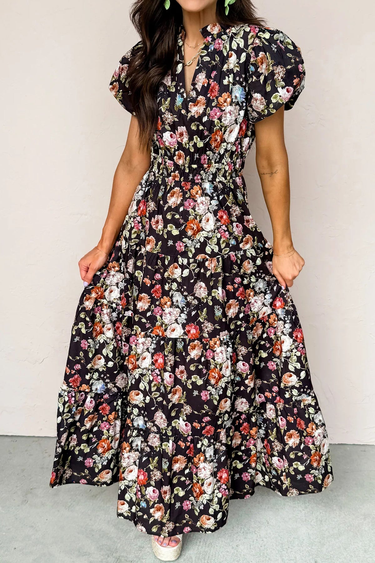 Black Floral Print V Neck Pleated Tiered Maxi Dress
