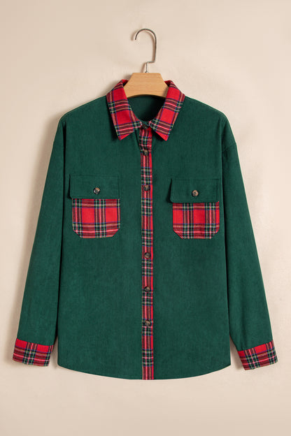 Green Plaid Pocket Button Long Sleeve Shift Shacket