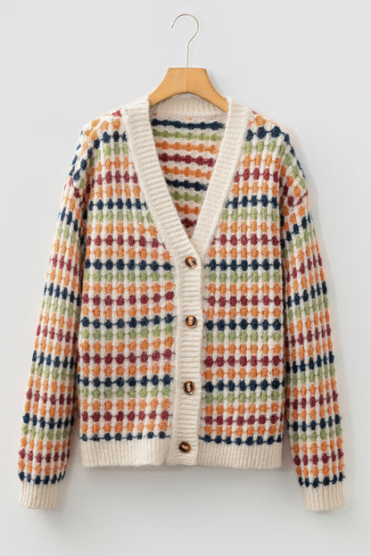 Gray Dotty Pattern Knit Button Front V Neck Sweater Cardigan