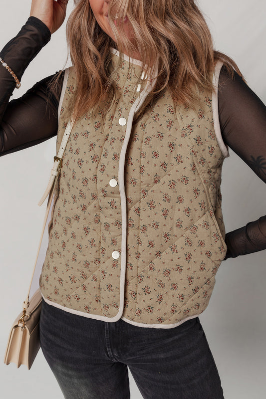 Khaki Floral Print Quilted Concealed Button Vest