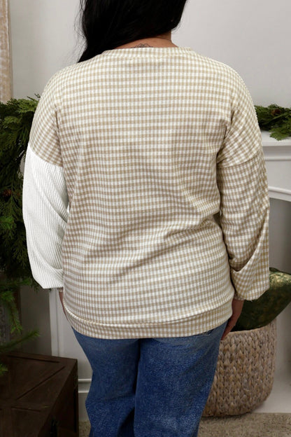 Khaki Patchwork Checkered Plus Size Blouse