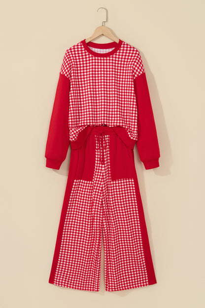 Red Color Block Plaid Patchwork Long Sleeve Pullover Wide Leg Pant Set