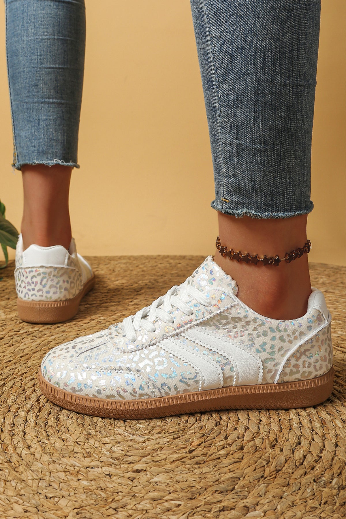 White PU Leather Detail Shimmer Leopard Printed Lace-up Sneakers