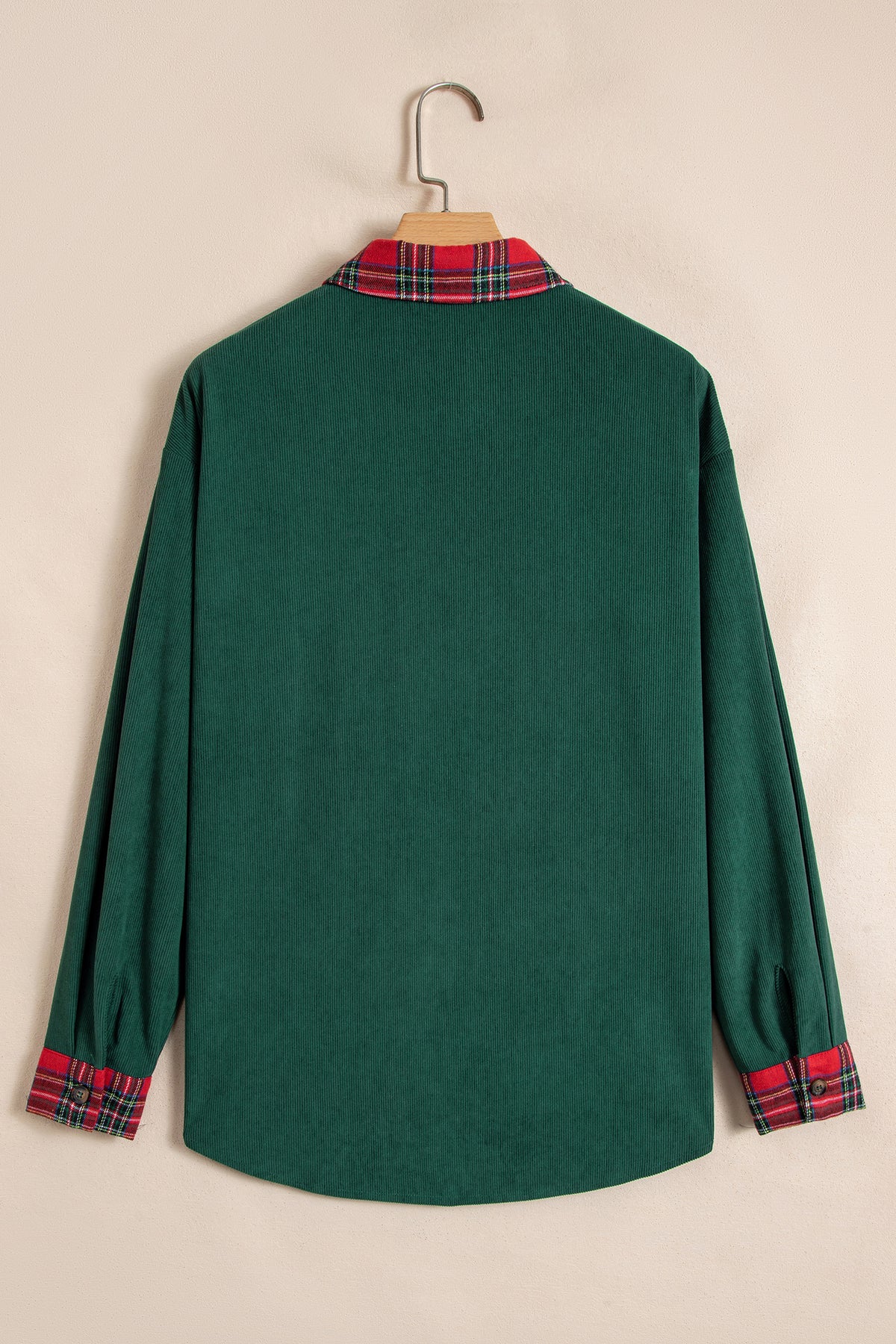 Green Plaid Pocket Button Long Sleeve Shift Shacket