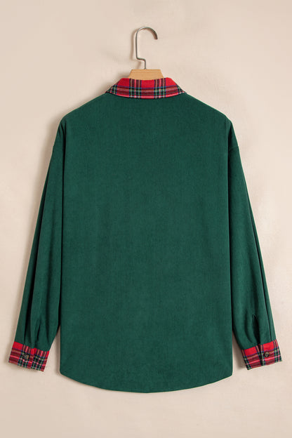Green Plaid Pocket Button Long Sleeve Shift Shacket