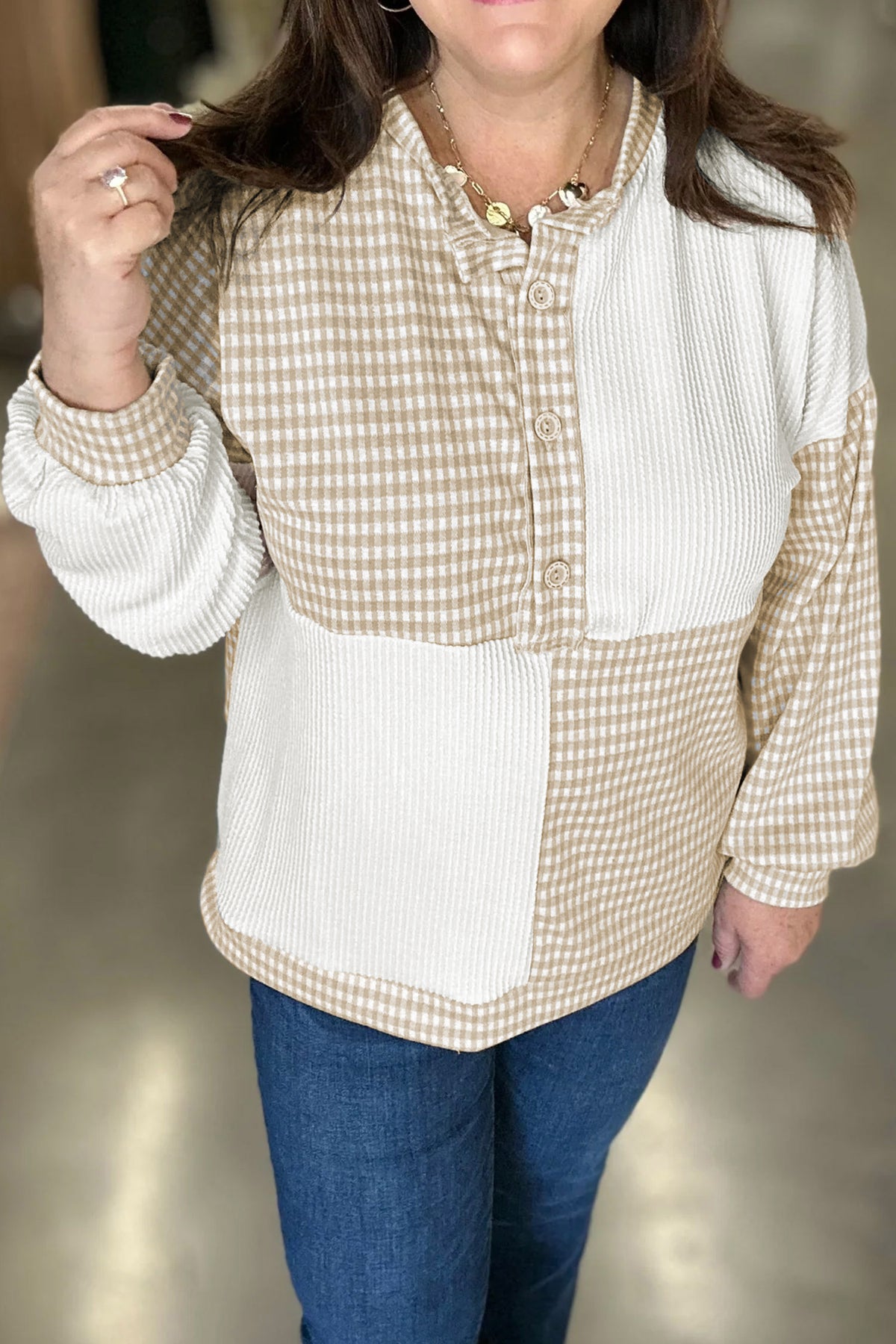 Khaki Patchwork Checkered Plus Size Blouse