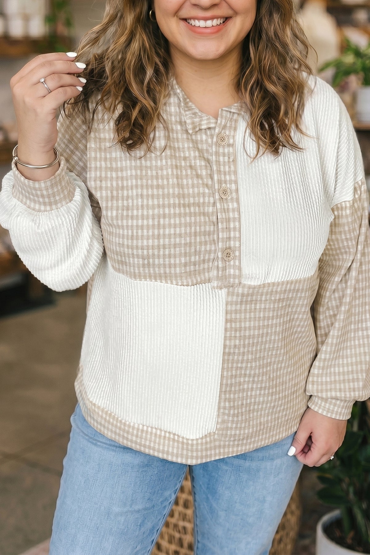 Khaki Patchwork Checkered Plus Size Blouse