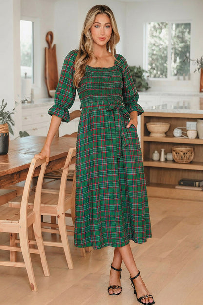 Green Tartan Plaid Square Neck Puff Sleeve Knot Waist Flared Midi Dress