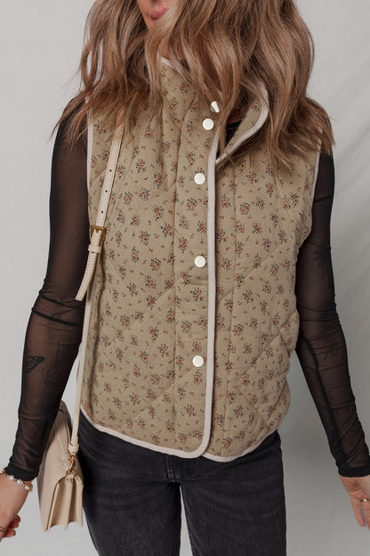 Khaki Floral Print Quilted Concealed Button Vest