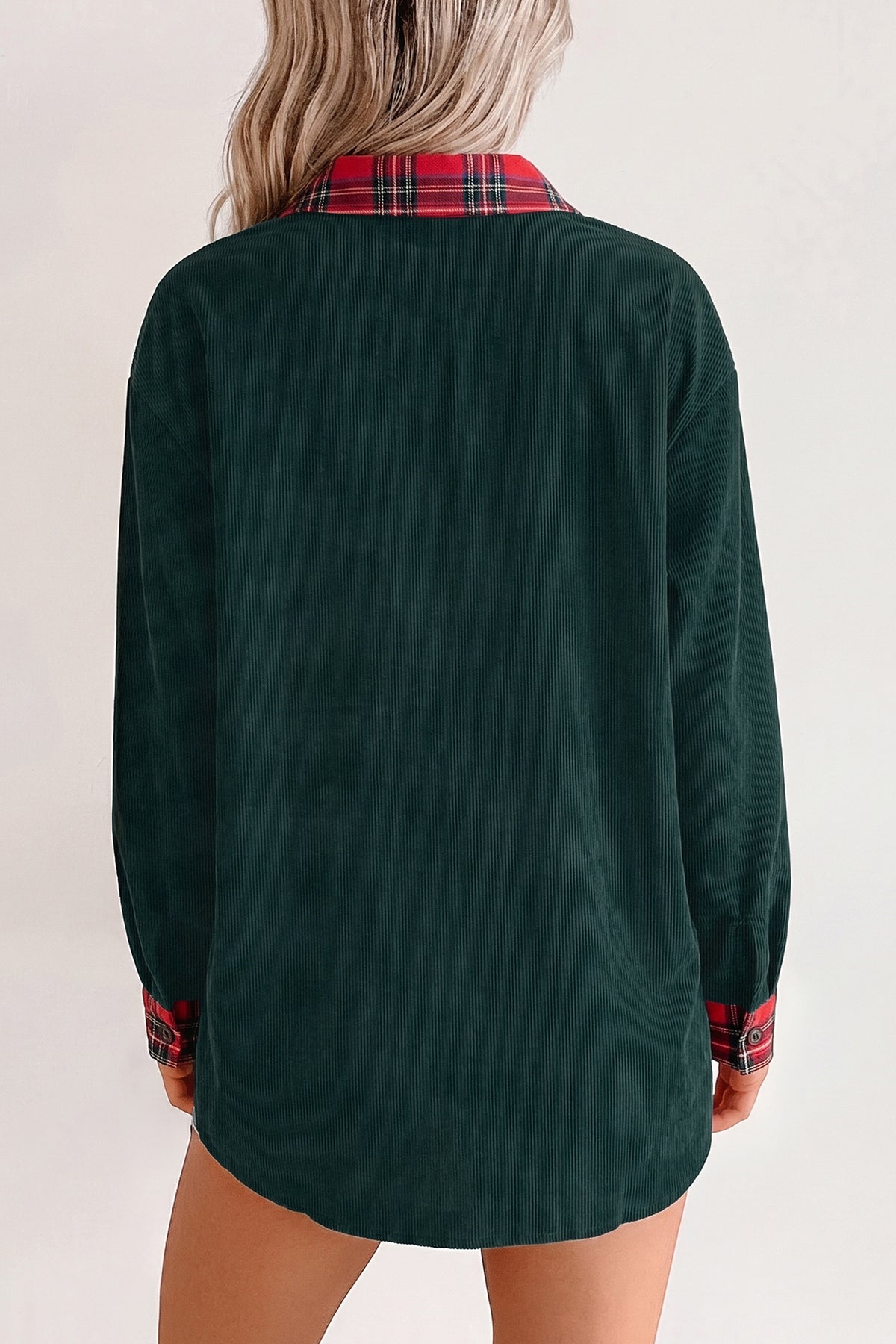 Green Plaid Pocket Button Long Sleeve Shift Shacket