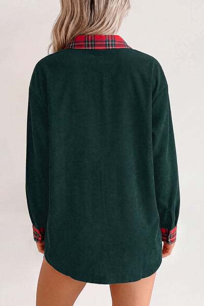 Green Plaid Pocket Button Long Sleeve Shift Shacket