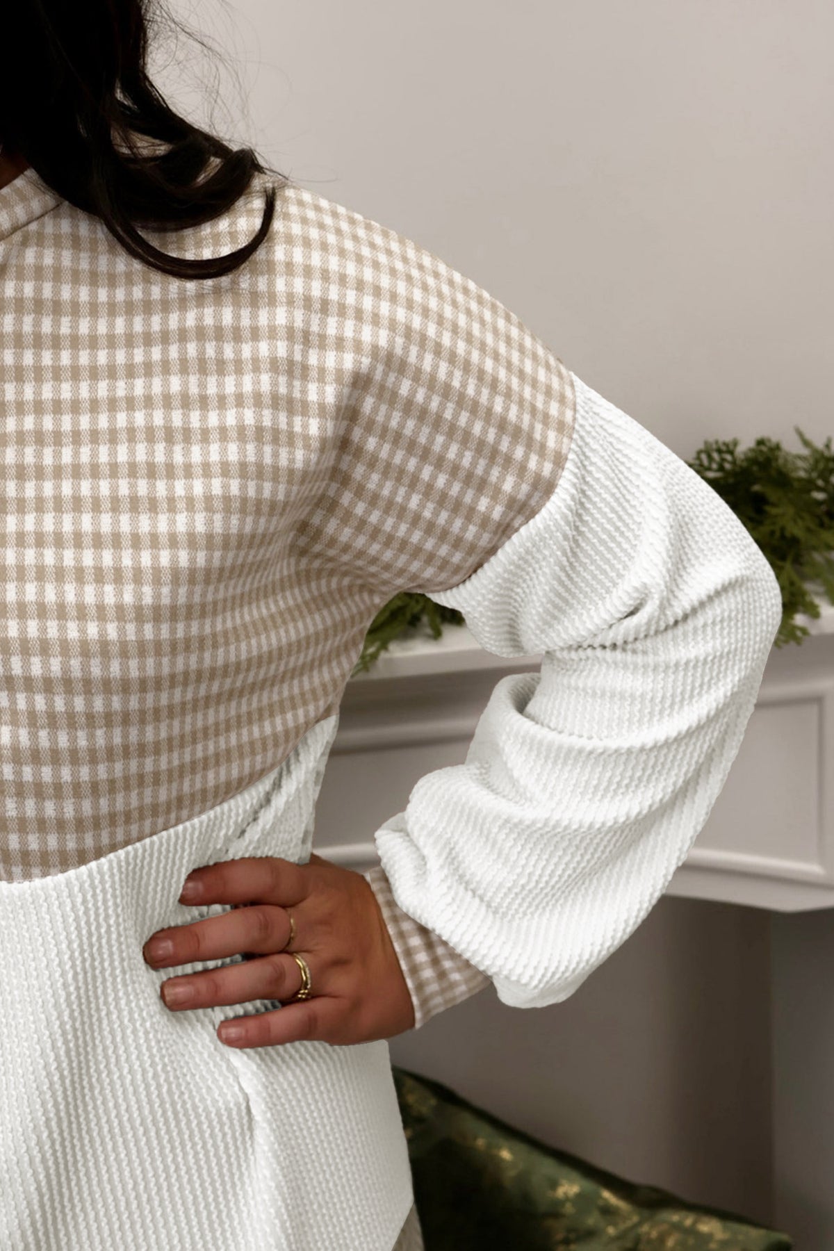 Khaki Patchwork Checkered Plus Size Blouse