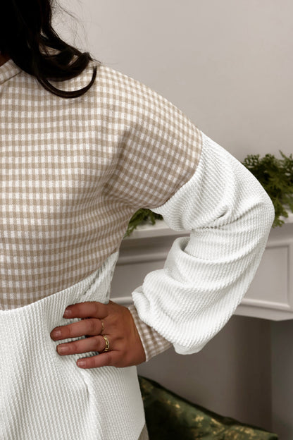 Khaki Patchwork Checkered Plus Size Blouse