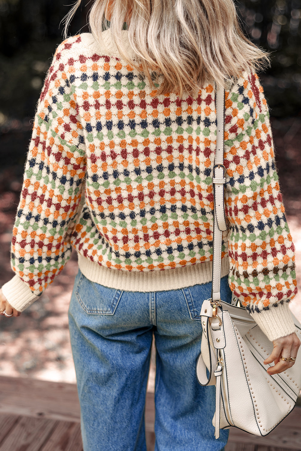 Gray Dotty Pattern Knit Button Front V Neck Sweater Cardigan