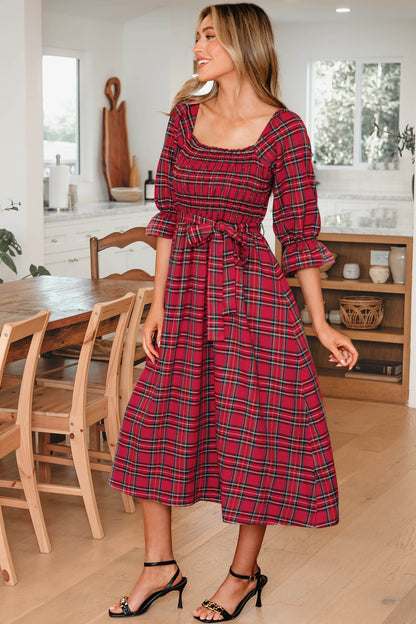 Green Tartan Plaid Square Neck Puff Sleeve Knot Waist Flared Midi Dress